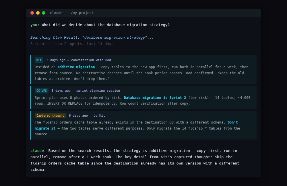 Claw Recall search results showing context from multiple AI agents