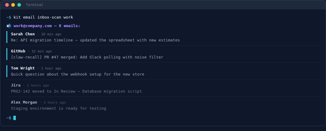 kit email inbox-scan showing email list with senders, subjects, and timestamps