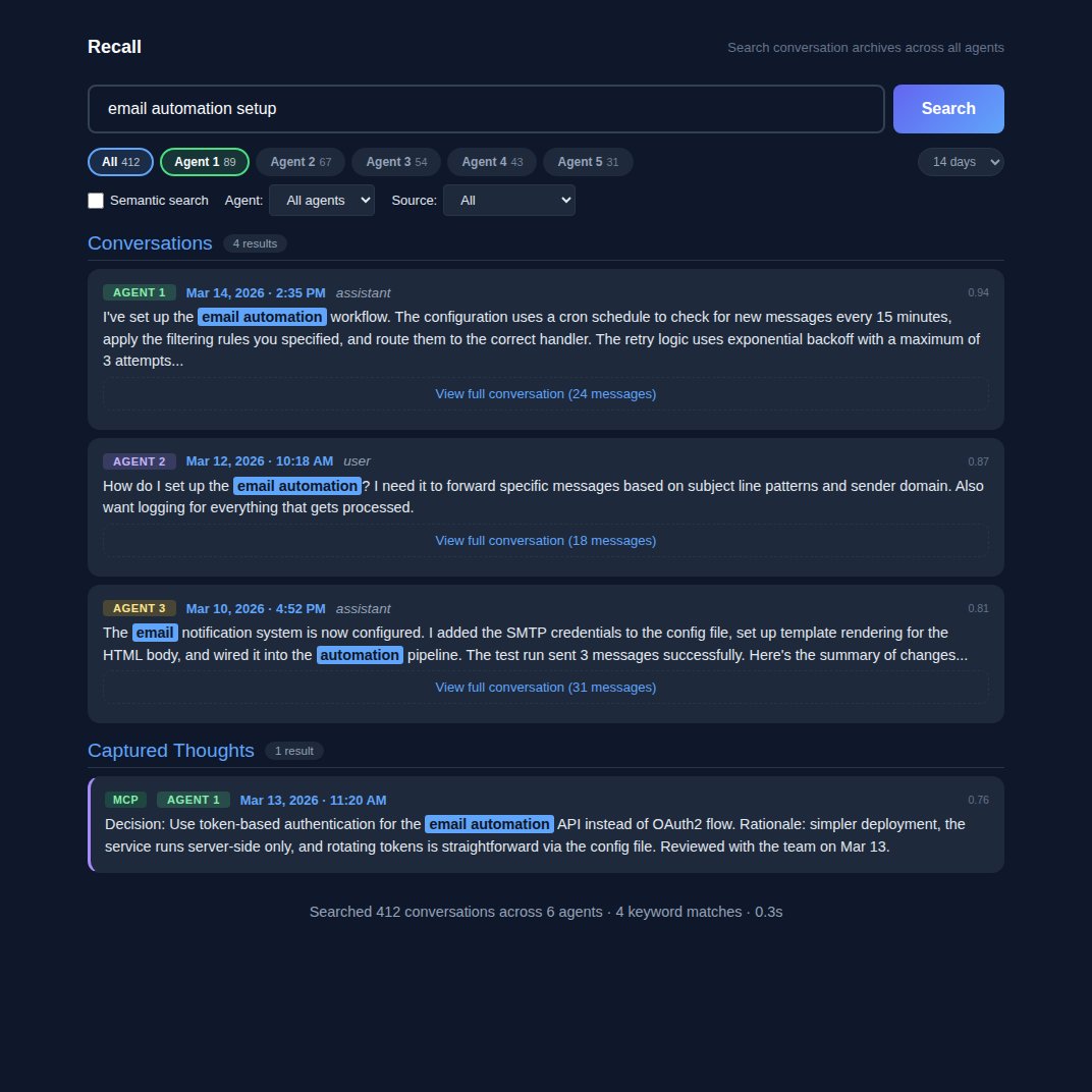 Claw Recall search interface showing conversation results across multiple agents