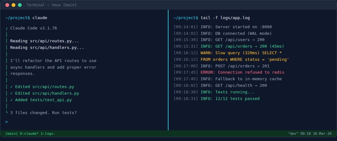 tmux split screen showing Claude Code on the left pane and server logs on the right pane