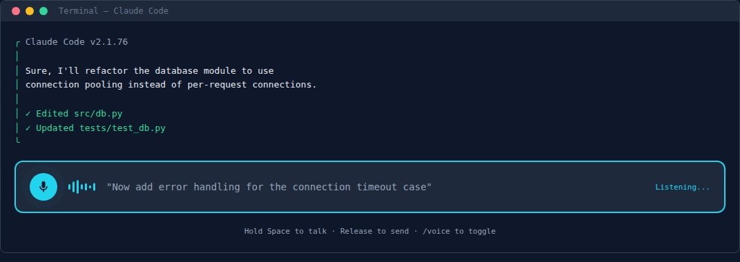 Claude Code voice input mode showing push-to-talk with live transcription
