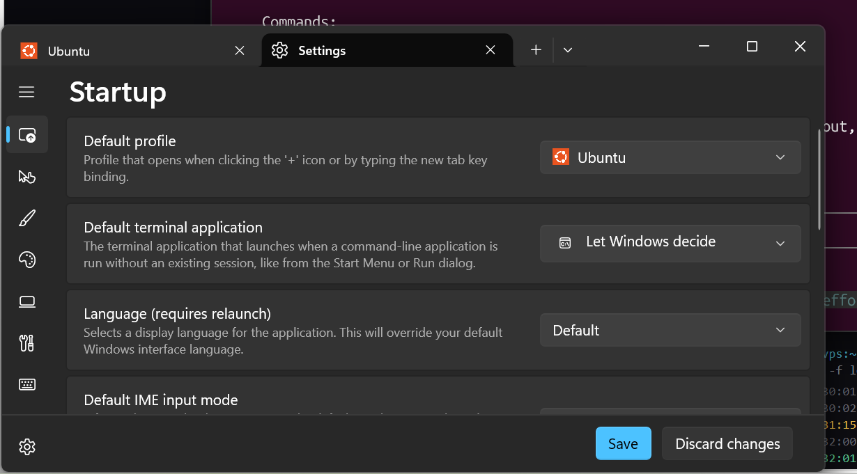Windows Terminal settings showing Ubuntu as default profile